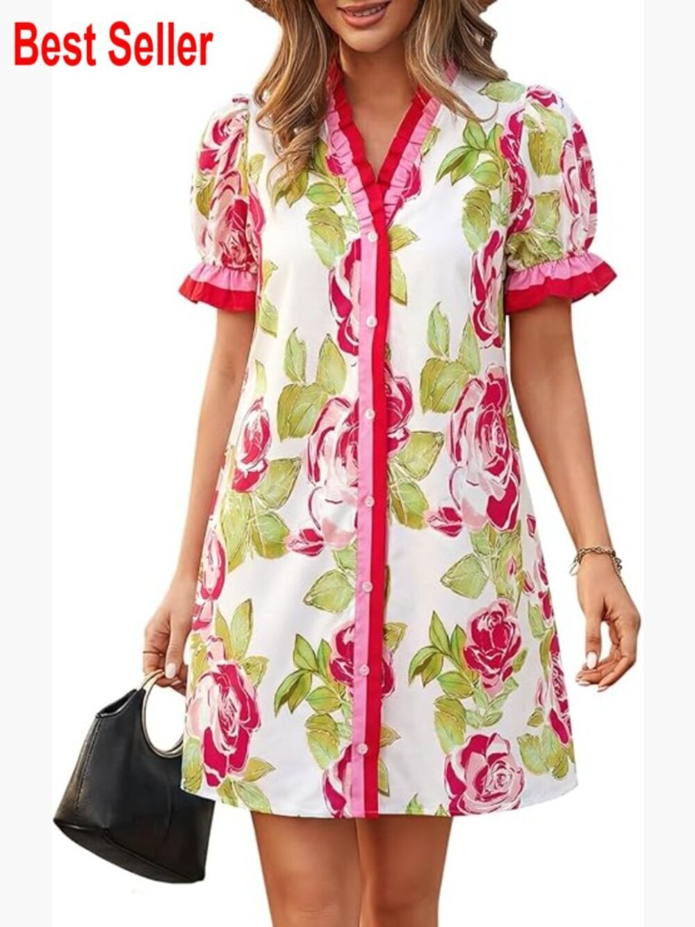Floral Mini Dress with Puff Sleeves V-Neck Button Down Pockets